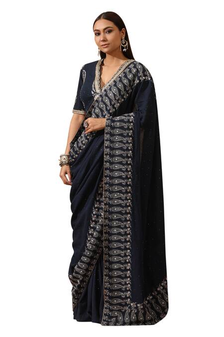 Shop Rekha Agra Blue Cotton Mirrors, Paisley Hand Printed Pre-draped Saree With Blouse Online at Aza Fashions Shop_Rekha Agra_Blue Cotton Mirrors, Paisley Hand Printed Pre-draped Saree With Blouse _Online_at_Aza_Fashions