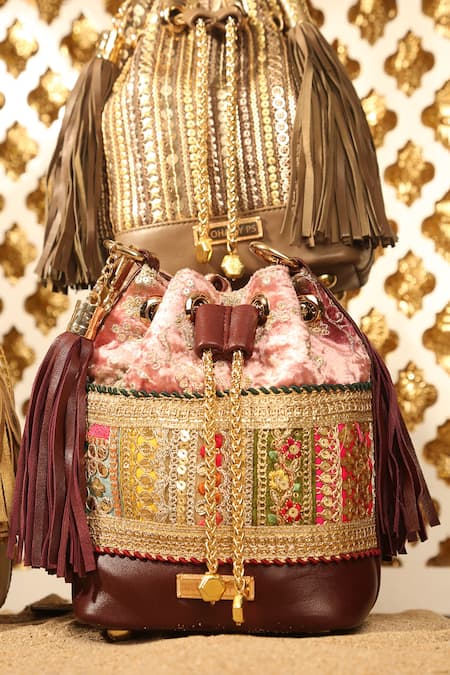 Aloha By PS_Pink Gota Patti, Sequins, Zari Beeba Embroidered Bucket Bag_Online_at_Aza_Fashions