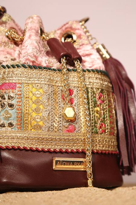 Buy_Aloha By PS_Pink Gota Patti, Sequins, Zari Beeba Embroidered Bucket Bag_Online_at_Aza_Fashions