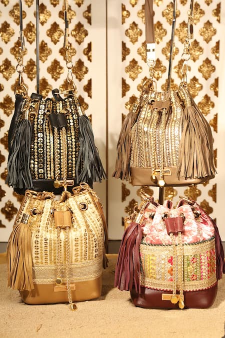 Aloha By PS_Black Gota Patti, Sequins, Zari Beeba Work Bucket Bag_Online_at_Aza_Fashions