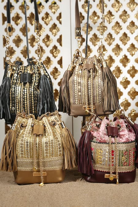 Shop_Aloha By PS_Black Gota Patti, Sequins, Zari Beeba Work Bucket Bag_Online_at_Aza_Fashions