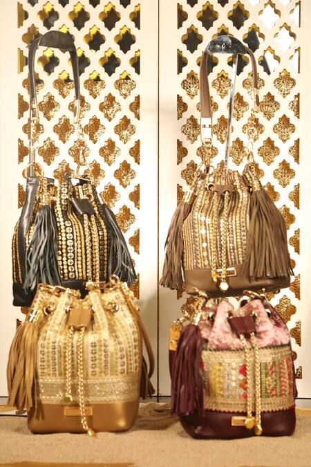 Aloha By PS_Gold Gota Patti, Sequins, Zari Beeba Stripe Embroidered Bucket Bag_Online_at_Aza_Fashions