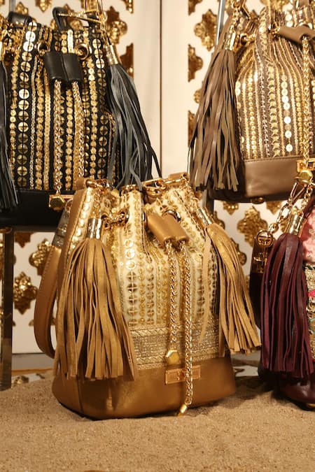 Shop_Aloha By PS_Gold Gota Patti, Sequins, Zari Beeba Stripe Embroidered Bucket Bag_Online_at_Aza_Fashions