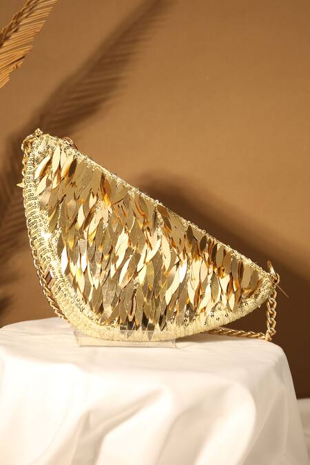 Shop_Aloha By PS_Gold Sequins Triangle Shaped Bag_at_Aza_Fashions