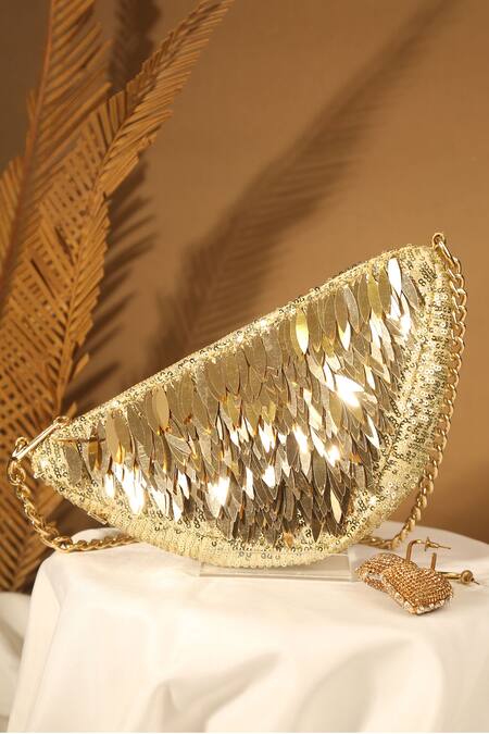 Buy_Aloha By PS_Gold Sequins Triangle Shaped Bag_Online_at_Aza_Fashions
