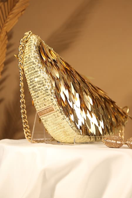 Shop_Aloha By PS_Gold Sequins Triangle Shaped Bag_Online_at_Aza_Fashions
