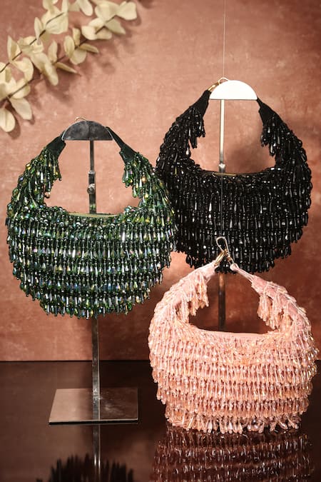 Aloha By PS_Green Crystals Velvet Half Crescent Shaped Bag_Online_at_Aza_Fashions