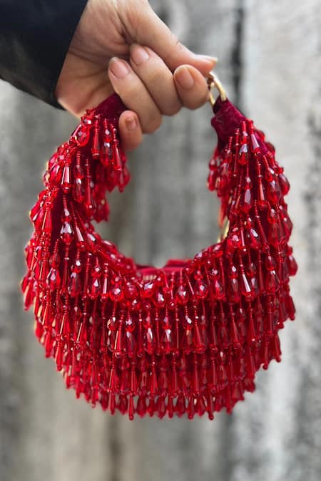 Aloha by PS Red Glass Crystal Half Crescent Shaped Velvet Bag 