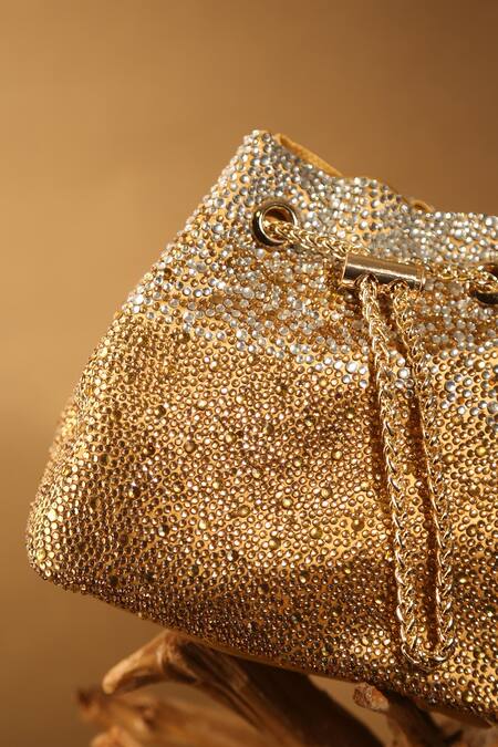 Buy_Aloha By PS_Gold Stones, Crystals, Diamonds Bejeweled Embellished Bucket Bag_Online_at_Aza_Fashions