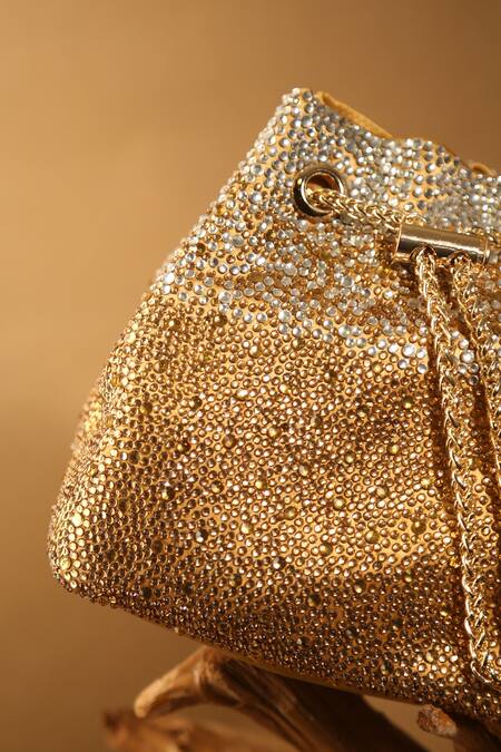 Shop_Aloha By PS_Gold Stones, Crystals, Diamonds Bejeweled Embellished Bucket Bag_Online_at_Aza_Fashions