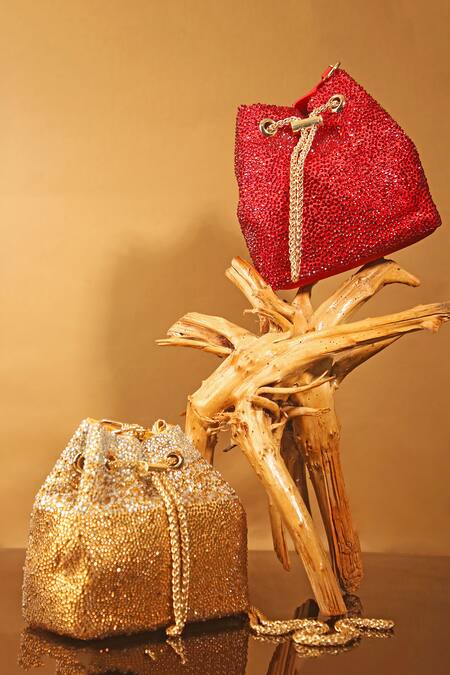 Aloha By PS_Gold Stones, Crystals Bejeweled Swarovski Embellished Bucket Bag_Online_at_Aza_Fashions