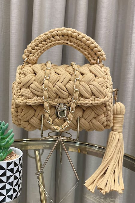 BIJIT Beige Cotton Yarn Braided Sling Bag With Strap 