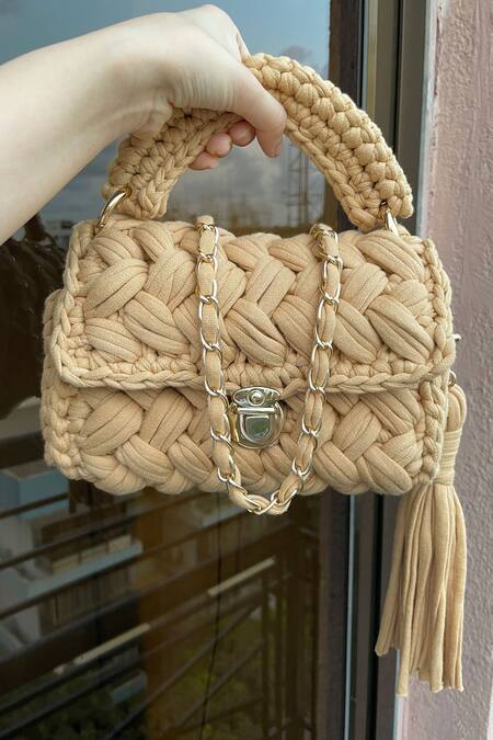 Shop_Bijit_Beige Cotton Yarn Braided Sling Bag With Strap_at_Aza_Fashions