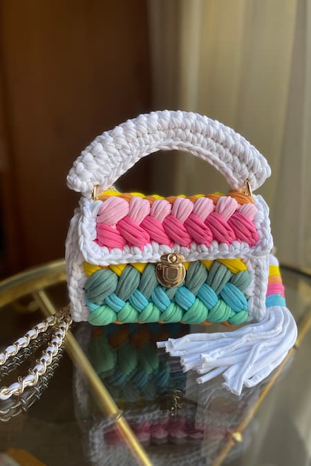 BIJIT Multi Color Cotton Yarn Braided Rainbow Sling Bag With Strap 