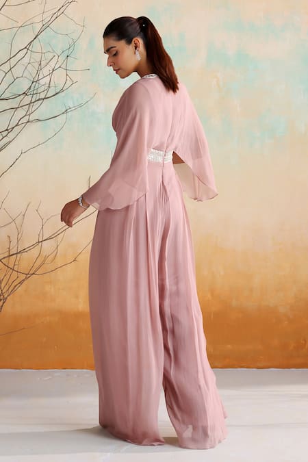 Shop Seema Thukral Pink Georgette, Satin Pearls, Mirrors Lita Geometric Embellished Jumpsuit at Aza Fashions Shop_Seema Thukral_Pink Georgette, Satin Pearls, Mirrors Lita Geometric Embellished Jumpsuit _at_Aza_Fashions