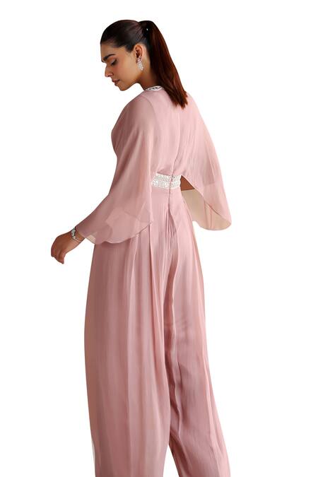 Seema Thukral Pink Georgette, Satin Pearls, Mirrors Lita Geometric Embellished Jumpsuit Online at Aza Fashions Seema Thukral_Pink Georgette, Satin Pearls, Mirrors Lita Geometric Embellished Jumpsuit _Online_at_Aza_Fashions