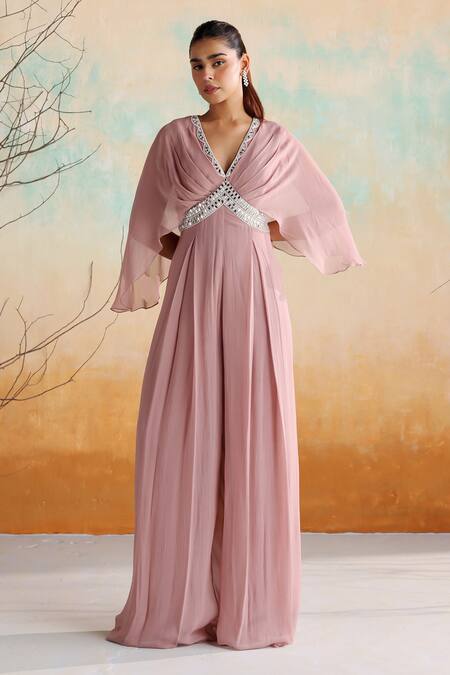 Seema Thukral Pink Georgette, Satin Pearls, Mirrors Lita Geometric Embellished Jumpsuit at Aza Fashions Seema Thukral_Pink Georgette, Satin Pearls, Mirrors Lita Geometric Embellished Jumpsuit _at_Aza_Fashions