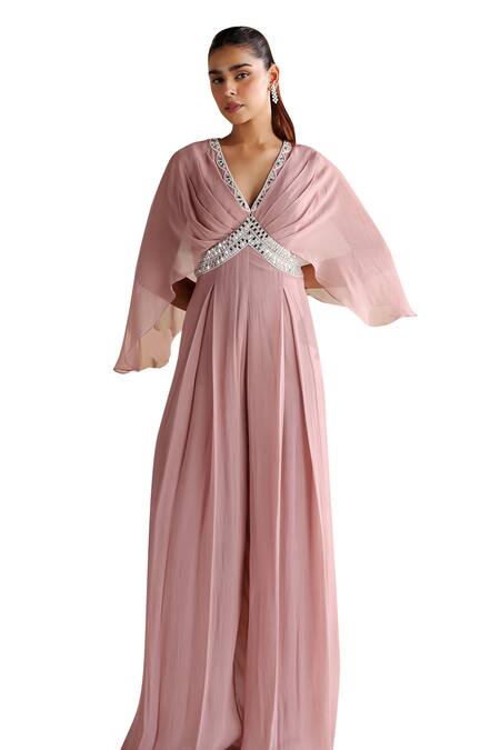 Buy Seema Thukral Pink Georgette, Satin Pearls, Mirrors Lita Geometric Embellished Jumpsuit Buy_Seema Thukral_Pink Georgette, Satin Pearls, Mirrors Lita Geometric Embellished Jumpsuit