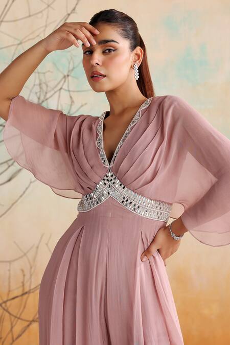 Shop Seema Thukral Pink Georgette, Satin Pearls, Mirrors Lita Geometric Embellished Jumpsuit Shop_Seema Thukral_Pink Georgette, Satin Pearls, Mirrors Lita Geometric Embellished Jumpsuit