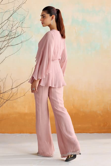 Shop Seema Thukral Pink Georgette, Organza Liana Floral Applique Embellished Peplum Top With Pant at Aza Fashions Shop_Seema Thukral_Pink Georgette, Organza Liana Floral Applique Embellished Peplum Top With Pant _at_Aza_Fashions