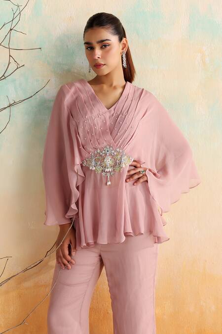 Shop Seema Thukral Pink Georgette, Organza Liana Floral Applique Embellished Peplum Top With Pant Online at Aza Fashions Shop_Seema Thukral_Pink Georgette, Organza Liana Floral Applique Embellished Peplum Top With Pant _Online_at_Aza_Fashions