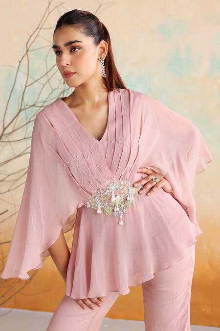 Seema Thukral Pink Georgette, Organza Liana Floral Applique Embellished Peplum Top With Pant at Aza Fashions Seema Thukral_Pink Georgette, Organza Liana Floral Applique Embellished Peplum Top With Pant _at_Aza_Fashions