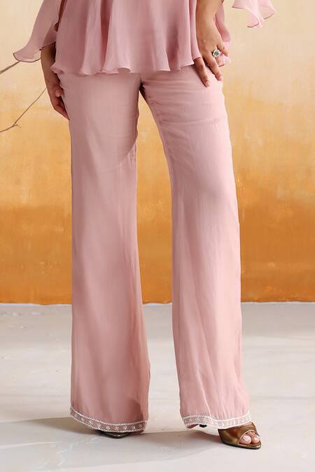 Buy Seema Thukral Pink Georgette, Organza Liana Floral Applique Embellished Peplum Top With Pant Buy_Seema Thukral_Pink Georgette, Organza Liana Floral Applique Embellished Peplum Top With Pant