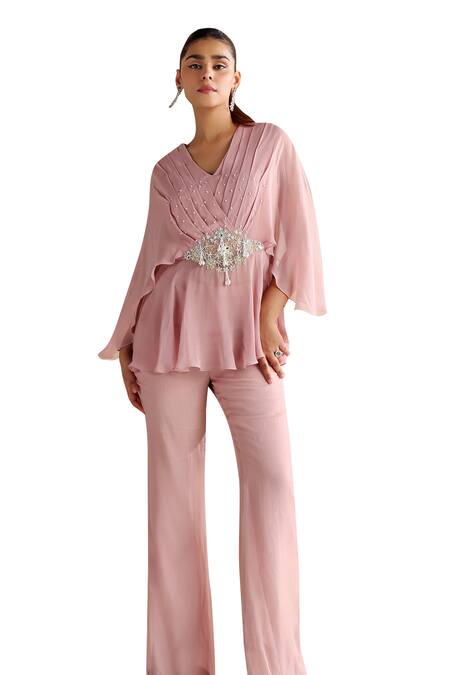 Shop Seema Thukral Pink Georgette, Organza Liana Floral Applique Embellished Peplum Top With Pant Shop_Seema Thukral_Pink Georgette, Organza Liana Floral Applique Embellished Peplum Top With Pant