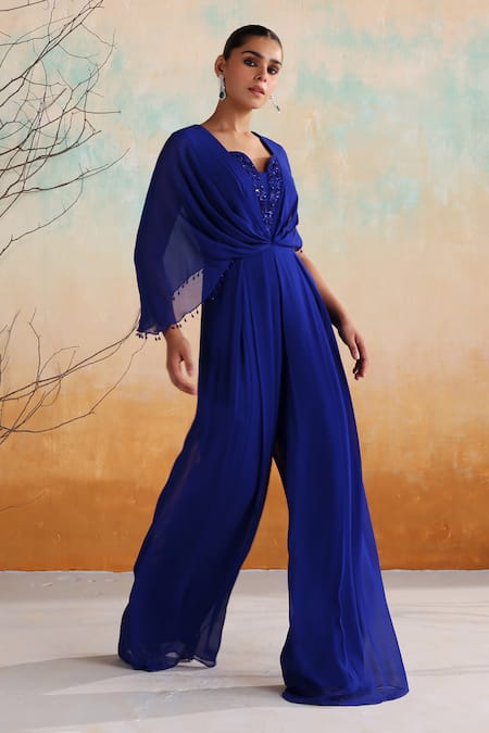 Buy Seema Thukral Blue Georgette, Satin Sequins, Beads, Hazel Floral Embellished Jumpsuit Online at Aza Fashions Buy_Seema Thukral_Blue Georgette, Satin Sequins, Beads, Hazel Floral Embellished Jumpsuit _Online_at_Aza_Fashions