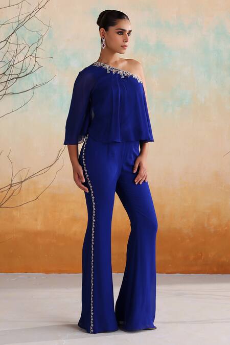 Buy_Seema Thukral_Blue Georgette, Satin Embroidery, Sequins, Applique One Ivy Floral Jumpsuit _Online_at_Aza_Fashions