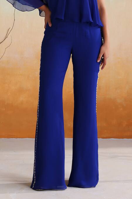 Buy_Seema Thukral_Blue Georgette, Satin Embroidery, Sequins, Applique One Ivy Floral Jumpsuit 