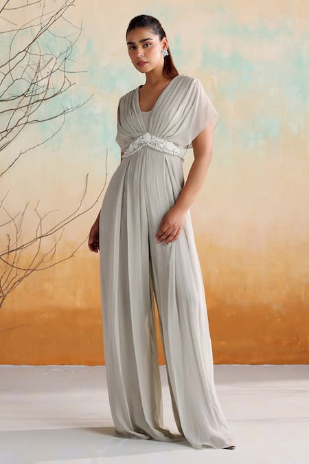 Seema Thukral_Grey Georgette, Satin Embroidery V-neck Poppy Floral Draped Jumpsuit _Online_at_Aza_Fashions