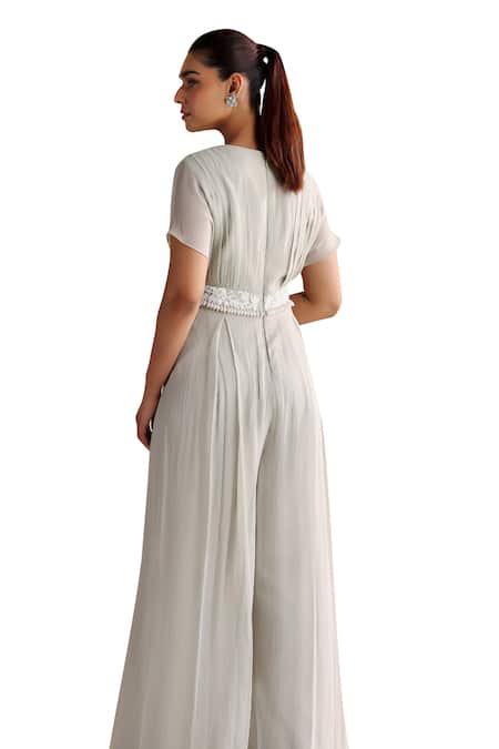 Buy_Seema Thukral_Grey Georgette, Satin Embroidery V-neck Poppy Floral Draped Jumpsuit _Online_at_Aza_Fashions