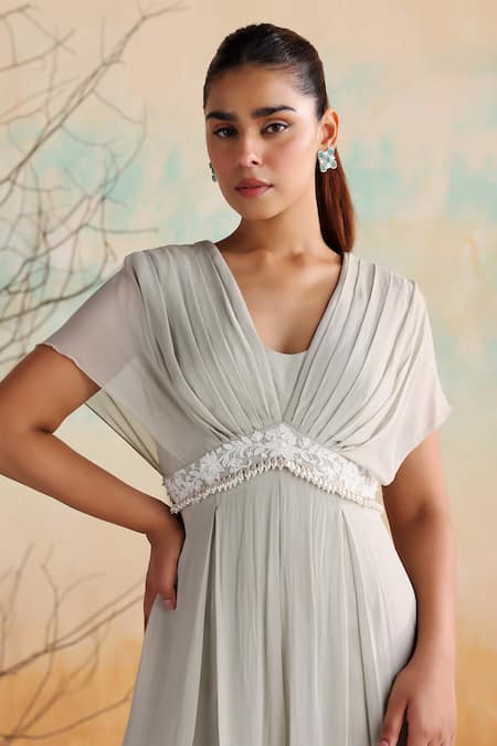 Seema Thukral_Grey Georgette, Satin Embroidery V-neck Poppy Floral Draped Jumpsuit _at_Aza_Fashions