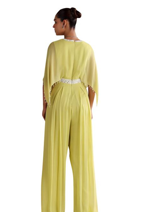 Seema Thukral Green Georgette, Satin Pearls, Tulip Mirrorwork Embellished Draped Jumpsuit Online at Aza Fashions Seema Thukral_Green Georgette, Satin Pearls, Tulip Mirrorwork Embellished Draped Jumpsuit _Online_at_Aza_Fashions