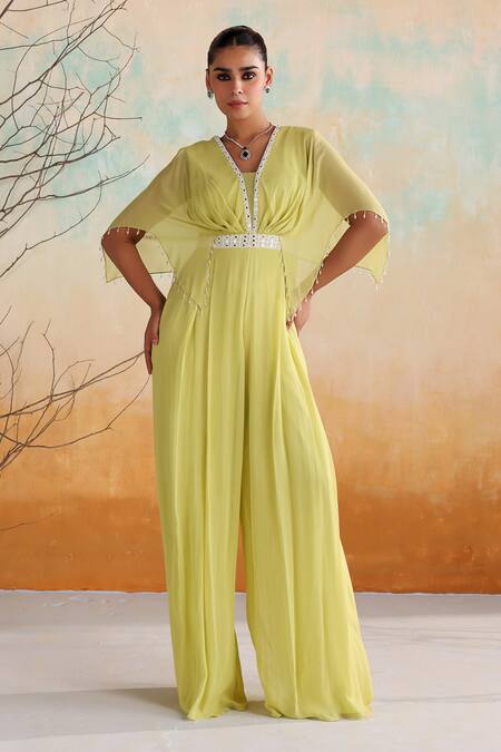 Buy Seema Thukral Green Georgette, Satin Pearls, Tulip Mirrorwork Embellished Draped Jumpsuit Online at Aza Fashions Buy_Seema Thukral_Green Georgette, Satin Pearls, Tulip Mirrorwork Embellished Draped Jumpsuit _Online_at_Aza_Fashions
