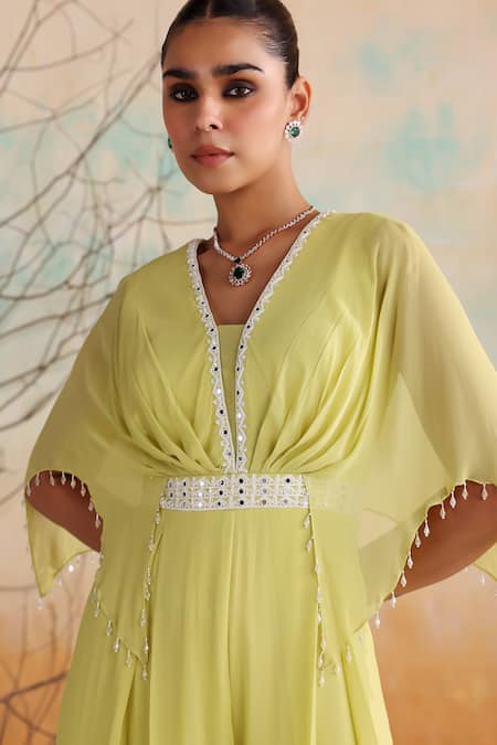 Shop Seema Thukral Green Georgette, Satin Pearls, Tulip Mirrorwork Embellished Draped Jumpsuit Online at Aza Fashions Shop_Seema Thukral_Green Georgette, Satin Pearls, Tulip Mirrorwork Embellished Draped Jumpsuit _Online_at_Aza_Fashions