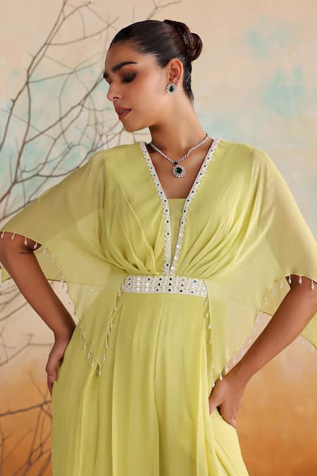 Seema Thukral Green Georgette, Satin Pearls, Tulip Mirrorwork Embellished Draped Jumpsuit at Aza Fashions Seema Thukral_Green Georgette, Satin Pearls, Tulip Mirrorwork Embellished Draped Jumpsuit _at_Aza_Fashions