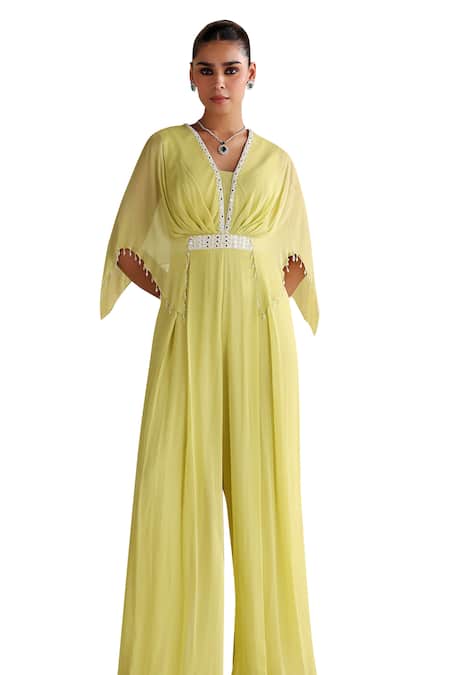 Buy Seema Thukral Green Georgette, Satin Pearls, Tulip Mirrorwork Embellished Draped Jumpsuit Buy_Seema Thukral_Green Georgette, Satin Pearls, Tulip Mirrorwork Embellished Draped Jumpsuit