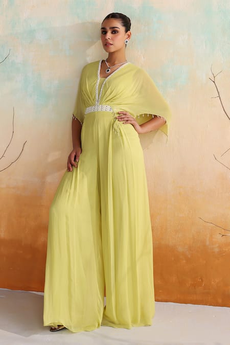 Shop Seema Thukral Green Georgette, Satin Pearls, Tulip Mirrorwork Embellished Draped Jumpsuit Shop_Seema Thukral_Green Georgette, Satin Pearls, Tulip Mirrorwork Embellished Draped Jumpsuit