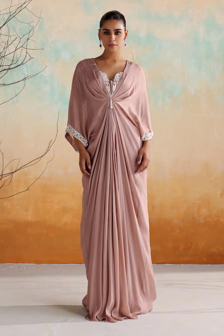 Seema Thukral Pink Chiffon Embellished Resham Asymmetric Jasmine Bead Draped Kaftan 