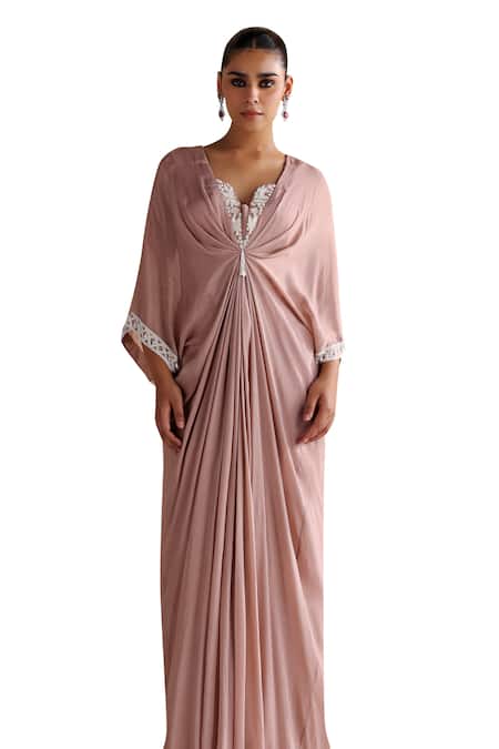 Shop_Seema Thukral_Pink Chiffon, Satin Embroidery, Sequins, Jasmine Embellished Draped Kaftan _Online_at_Aza_Fashions