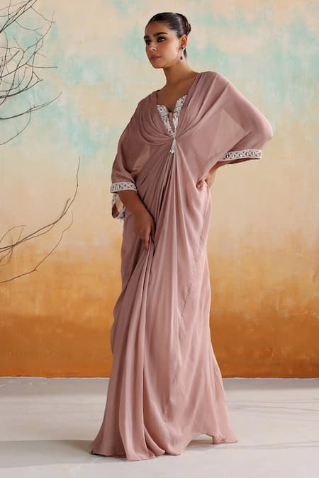 Seema Thukral_Pink Chiffon, Satin Embroidery, Sequins, Jasmine Embellished Draped Kaftan _at_Aza_Fashions