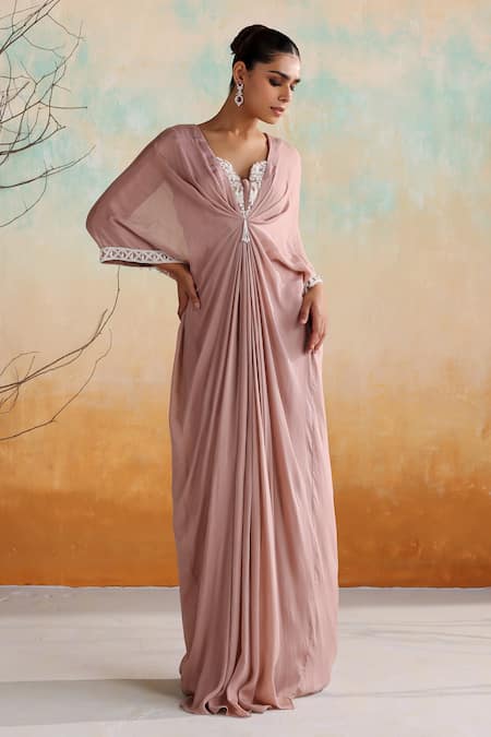 Buy_Seema Thukral_Pink Chiffon, Satin Embroidery, Sequins, Jasmine Embellished Draped Kaftan 