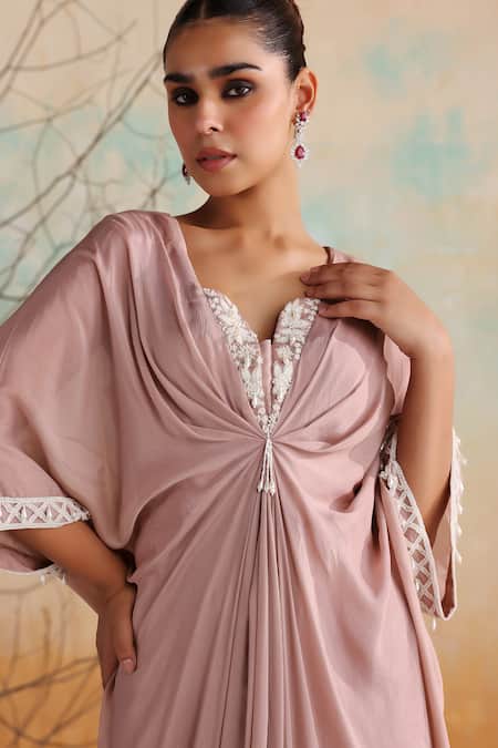 Shop_Seema Thukral_Pink Chiffon, Satin Embroidery, Sequins, Jasmine Embellished Draped Kaftan 
