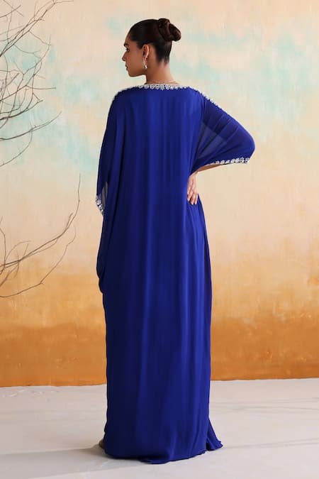 Shop Seema Thukral Blue Chiffon, Satin Beads, Mirrors Asymmetric Hana Embellished Draped Kaftan at Aza Fashions Shop_Seema Thukral_Blue Chiffon, Satin Beads, Mirrors Asymmetric Hana Embellished Draped Kaftan _at_Aza_Fashions