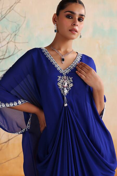 Seema Thukral Blue Chiffon, Satin Beads, Mirrors Asymmetric Hana Embellished Draped Kaftan Online at Aza Fashions Seema Thukral_Blue Chiffon, Satin Beads, Mirrors Asymmetric Hana Embellished Draped Kaftan _Online_at_Aza_Fashions