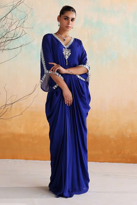 Buy Seema Thukral Blue Chiffon, Satin Beads, Mirrors Asymmetric Hana Embellished Draped Kaftan Online at Aza Fashions Buy_Seema Thukral_Blue Chiffon, Satin Beads, Mirrors Asymmetric Hana Embellished Draped Kaftan _Online_at_Aza_Fashions