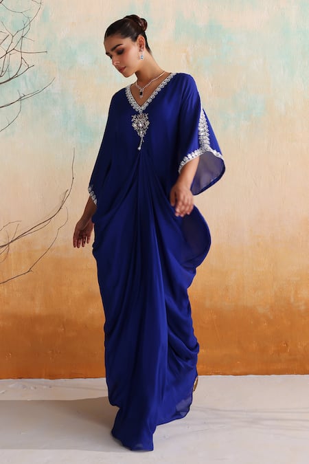 Shop Seema Thukral Blue Chiffon, Satin Beads, Mirrors Asymmetric Hana Embellished Draped Kaftan Online at Aza Fashions Shop_Seema Thukral_Blue Chiffon, Satin Beads, Mirrors Asymmetric Hana Embellished Draped Kaftan _Online_at_Aza_Fashions