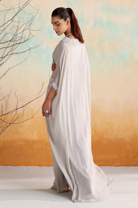 Shop_Seema Thukral_Grey Chiffon, Satin Beads, Mirrors, Zari Square Rosa Floral Embroidered Kaftan _at_Aza_Fashions